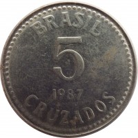 Brazil coin 5 Cruzados (1986 - 1988) reverse reverse of 5 Cruzados (1986 - 1988) coin with KM# 606 from Brazil. Inscription: BRASIL 5 1987 CRUZADOS