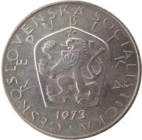 obverse of 5 Korun (1966 - 1990) coin with KM# 60 from Czechoslovakia. Inscription: ČESKOSLOVENSKÁ SOCIALISTICKÁ REPUBLIKA 1973