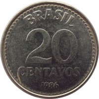 Brazil coin 20 Centavos (1986 - 1988) reverse reverse of 20 Centavos (1986 - 1988) coin with KM# 603 from Brazil. Inscription: BRASIL 20 CENTAVOS 1986