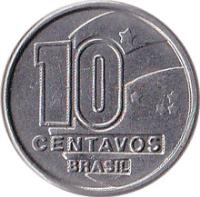 obverse of 10 Centavos (1989 - 1990) coin with KM# 613 from Brazil. Inscription: 10 CENTAVOS BRASIL