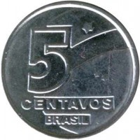 obverse of 5 Centavos (1989 - 1990) coin with KM# 612 from Brazil. Inscription: 5 CENTAVOS BRASIL