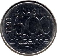 obverse of 500 Cruzeiros (1992 - 1993) coin with KM# 624 from Brazil. Inscription: BRASIL 1992 500 cruzeiros