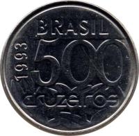 Brazil coin 500 Cruzeiros (1992 - 1993) obverse obverse of 500 Cruzeiros (1992 - 1993) coin with KM# 624 from Brazil. Inscription: BRASIL 1992 500 cruzeiros