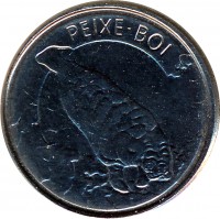 reverse of 100 Cruzeiros (1992 - 1993) coin with KM# 623 from Brazil. Inscription: PEIXE-BOI