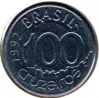 obverse of 100 Cruzeiros (1992 - 1993) coin with KM# 623 from Brazil. Inscription: BRASIL 1992 100 cruzeiros