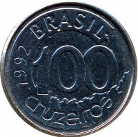 Brazil coin 100 Cruzeiros (1992 - 1993) obverse obverse of 100 Cruzeiros (1992 - 1993) coin with KM# 623 from Brazil. Inscription: BRASIL 1992 100 cruzeiros