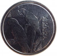 reverse of 5 Cruzeiros Reais (1993 - 1994) coin with KM# 627 from Brazil. Inscription: ARARA