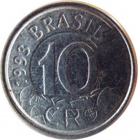 obverse of 10 Cruzeiros Reais (1993 - 1994) coin with KM# 628 from Brazil. Inscription: BRASIL 1993 10 CR$