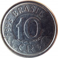 Brazil coin 10 Cruzeiros Reais (1993 - 1994) obverse obverse of 10 Cruzeiros Reais (1993 - 1994) coin with KM# 628 from Brazil. Inscription: BRASIL 1993 10 CR$