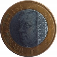 obverse of 1 Real - Juscelino Kubitschek (2002) coin with KM# 656 from Brazil. Inscription: CENTENÁRIO JUSCELINO KUBITSCHEK BRASIL