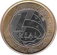 Brazil coin 1 Real - 40th Anniversary of Central Bank (2005) reverse reverse of 1 Real - 40th Anniversary of Central Bank (2005) coin with KM# 668 from Brazil. Inscription: 1 REAL 2005