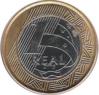 reverse of 1 Real - 40th Anniversary of Central Bank (2005) coin with KM# 668 from Brazil. Inscription: 1 REAL 2005