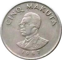 Congo - Democratic Republic coin 5 Makuta (1967) obverse obverse of 5 Makuta (1967) coin with KM# 9 from Congo - Democratic Republic. Inscription: CINQ MAKUTA 1967