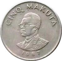 obverse of 5 Makuta (1967) coin with KM# 9 from Congo - Democratic Republic. Inscription: CINQ MAKUTA 1967