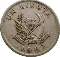 Congo - Democratic Republic coin 1 Likuta (1967) obverse obverse of 1 Likuta (1967) coin with KM# 8 from Congo - Democratic Republic. Inscription: UN LIKUTA JUSTICE PAIX TRAVAIL 1967
