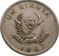 obverse of 1 Likuta (1967) coin with KM# 8 from Congo - Democratic Republic. Inscription: UN LIKUTA JUSTICE PAIX TRAVAIL 1967