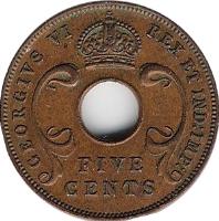 obverse of 5 Cents - George VI (1937 - 1943) coin with KM# 25 from British East Africa. Inscription: GEORGIUS VI REX ET IND:IMP: FIVE CENTS
