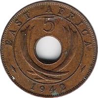 British East Africa coin 5 Cents - George VI (1937 - 1943) reverse reverse of 5 Cents - George VI (1937 - 1943) coin with KM# 25 from British East Africa. Inscription: EAST AFRICA 5 1942