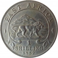 British East Africa coin 1 Shilling - George VI (1948 - 1952) reverse reverse of 1 Shilling - George VI (1948 - 1952) coin with KM# 31 from British East Africa. Inscription: EAST AFRICA 1 SHILLING 1952