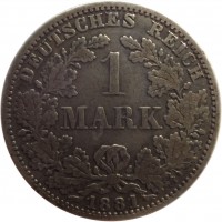 Germany coin 1 Mark - Wilhelm I - Small eagle (1873 - 1887) reverse reverse of 1 Mark - Wilhelm I - Small eagle (1873 - 1887) coin with KM# 7 from Germany. Inscription: DEUTSCHES REICH 1 MARK 1881
