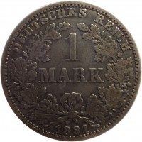 reverse of 1 Mark - Wilhelm I - Small eagle (1873 - 1887) coin with KM# 7 from Germany. Inscription: DEUTSCHES REICH 1 MARK 1881