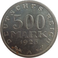 reverse of 500 Mark (1923) coin with KM# 36 from Germany. Inscription: DEUTSCHES REICH 500 MARK 1923 A