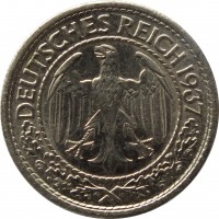 obverse of 50 Reichspfennig (1927 - 1938) coin with KM# 49 from Germany. Inscription: DEUTSCHES REICH 1937