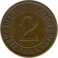 Germany coin 2 Reichspfennig (1923 - 1936) reverse reverse of 2 Reichspfennig (1923 - 1936) coin with KM# 38 from Germany. Inscription: DEUTSCHES REICH 2 REICHSPFENNIG