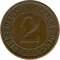 reverse of 2 Reichspfennig (1923 - 1936) coin with KM# 38 from Germany. Inscription: DEUTSCHES REICH 2 REICHSPFENNIG