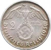 obverse of 2 Reichsmark - Paul von Hindenburg (1936 - 1939) coin with KM# 93 from Germany. Inscription: 2 Reichs Mark DEUTCHES REICH 1939