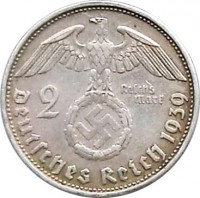 Germany coin 2 Reichsmark - Paul von Hindenburg (1936 - 1939) obverse obverse of 2 Reichsmark - Paul von Hindenburg (1936 - 1939) coin with KM# 93 from Germany. Inscription: 2 Reichs Mark DEUTCHES REICH 1939