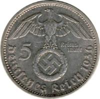 obverse of 5 Reichsmark - Paul von Hindenburg (1936 - 1939) coin with KM# 94 from Germany. Inscription: Deutsches Reich 1938 5 Reichsmark