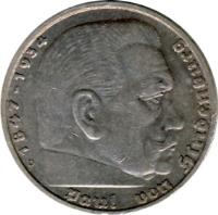 reverse of 5 Reichsmark - Paul von Hindenburg (1936 - 1939) coin with KM# 94 from Germany. Inscription: 1847-1934 Paul von Hindenburg