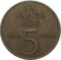 reverse of 5 Mark - 20 Years of GDR (1969) coin with KM# 22 from Germany. Inscription: XX JAHRE DDR 1969 5 MARK