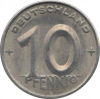 reverse of 10 Pfennig (1952 - 1953) coin with KM# 7 from Germany. Inscription: DEUTSCHLAND 10 PFENNIG A