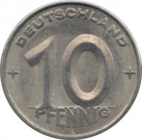Germany coin 10 Pfennig (1952 - 1953) reverse reverse of 10 Pfennig (1952 - 1953) coin with KM# 7 from Germany. Inscription: DEUTSCHLAND 10 PFENNIG A