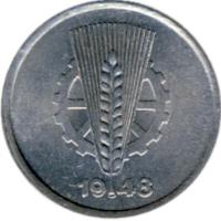 Germany coin 1 Pfennig (1948 - 1950) obverse obverse of 1 Pfennig (1948 - 1950) coin with KM# 1 from Germany. Inscription: 1949