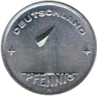Germany coin 1 Pfennig (1948 - 1950) reverse reverse of 1 Pfennig (1948 - 1950) coin with KM# 1 from Germany. Inscription: DEUTSCHLAND 1 PFENNIG E