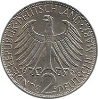 Germany coin 2 Deutsche Mark - Max Planck (1957 - 1971) obverse obverse of 2 Deutsche Mark - Max Planck (1957 - 1971) coin with KM# 116 from Germany. Inscription: BUNDESREPUBLIK DEUTSCHLAND 2 DEUTSCHE MARK 1962