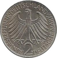 obverse of 2 Deutsche Mark - Max Planck (1957 - 1971) coin with KM# 116 from Germany. Inscription: BUNDESREPUBLIK DEUTSCHLAND 2 DEUTSCHE MARK 1962