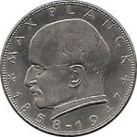 reverse of 2 Deutsche Mark - Max Planck (1957 - 1971) coin with KM# 116 from Germany. Inscription: MAX PLANCK *1858-1947+