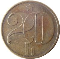 reverse of 20 Haléřů (1972 - 1990) coin with KM# 74 from Czechoslovakia. Inscription: 20 h D