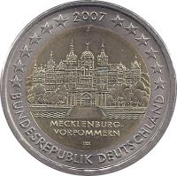 obverse of 2 Euro - Federal States: Mecklenburg-Vorpommern (2007) coin with KM# 260 from Germany. Inscription: BUNDESREPUBLIK DEUTSCHLAND HH 2007 MECKLENBURG VORPOMMERN F