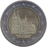 obverse of 2 Euro - Federal States: Nordrhein-Westfalen (2011) coin with KM# 293 from Germany. Inscription: D D HH NORDRHEIN-WESTFALEN 20 11