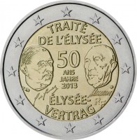 obverse of 2 Euro - Élysée Treaty (2013) coin with KM# 315 from Germany. Inscription: TRAITÉ DE L'ÉLYSÉE 50 ANS JAHRE 2013 ÉLYSÉE- VERTRAG D J