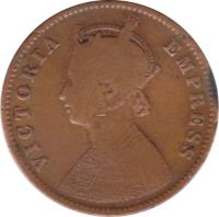 India coin 1/4 Anna - Victoria - VICTORIA EMPRESS (1877 - 1901) obverse obverse of 1/4 Anna - Victoria - VICTORIA EMPRESS (1877 - 1901) coin with KM# 486 from India. Inscription: VICTORIA EMPRESS