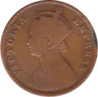 obverse of 1/4 Anna - Victoria - VICTORIA EMPRESS (1877 - 1901) coin with KM# 486 from India. Inscription: VICTORIA EMPRESS