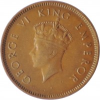 obverse of 1/4 Anna - George VI (1938 - 1940) coin with KM# 530 from India. Inscription: GEORGE VI KING EMPEROR