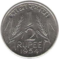 India coin 1/2 Rupee (1950 - 1956) reverse reverse of 1/2 Rupee (1950 - 1956) coin with KM# 6 from India. Inscription: 1/2 RUPEE 1954