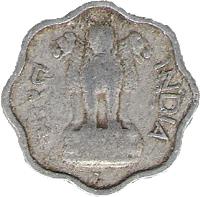 obverse of 2 Paise (1965 - 1981) coin with KM# 13 from India. Inscription: भारत INDIA